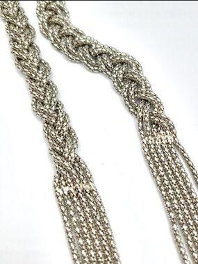 Long Silver Tone Multi Strand Necklace Braided Tassel Statement